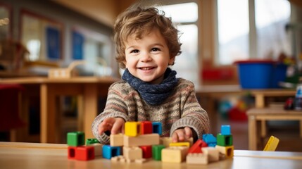 A young boy playing with building blocks in a preschool
