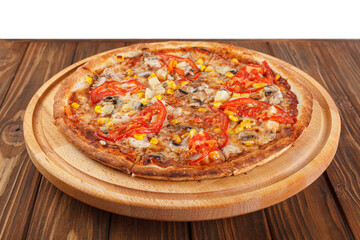 delicious pizza with chicken, mushrooms, cheese, tomatoes and corn on a wooden background