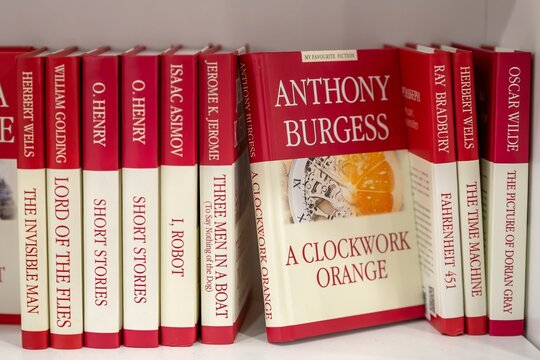 Russia, Moscow, 03 nov 2023. Books by Famous world authors by XIX-XX century display on bookshelf in store window