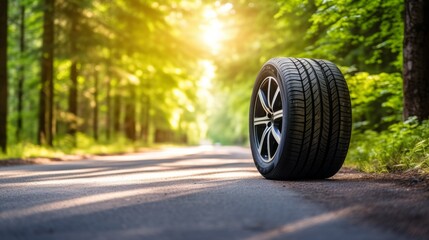 Tires designed for summer conditions on a sunny asphalt road in the forest. - obrazy, fototapety, plakaty