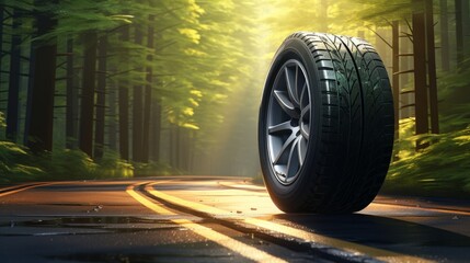 Tires designed for summer conditions on a sunny asphalt road in the forest. - obrazy, fototapety, plakaty