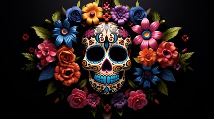 Skull, flower wreath black background. Happy Halloween concept.