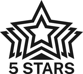 Five star rating, best award icon or symbol. Product premium quality rating, customer opinion survey or goods satisfaction feedback vector icon. User evaluation sign or pictogram with five stars