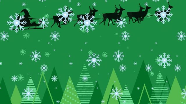 Animation of snowflakes, santa riding sleigh with reindeers and trees against green background