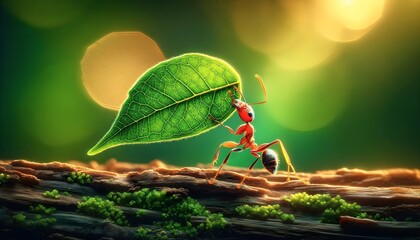 Closeup of tiny ant carrying green leaf, wildlife background, wallpaper - Powered by Adobe