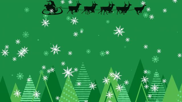 Animation of snowflakes, santa riding sleigh with reindeers and trees against green background