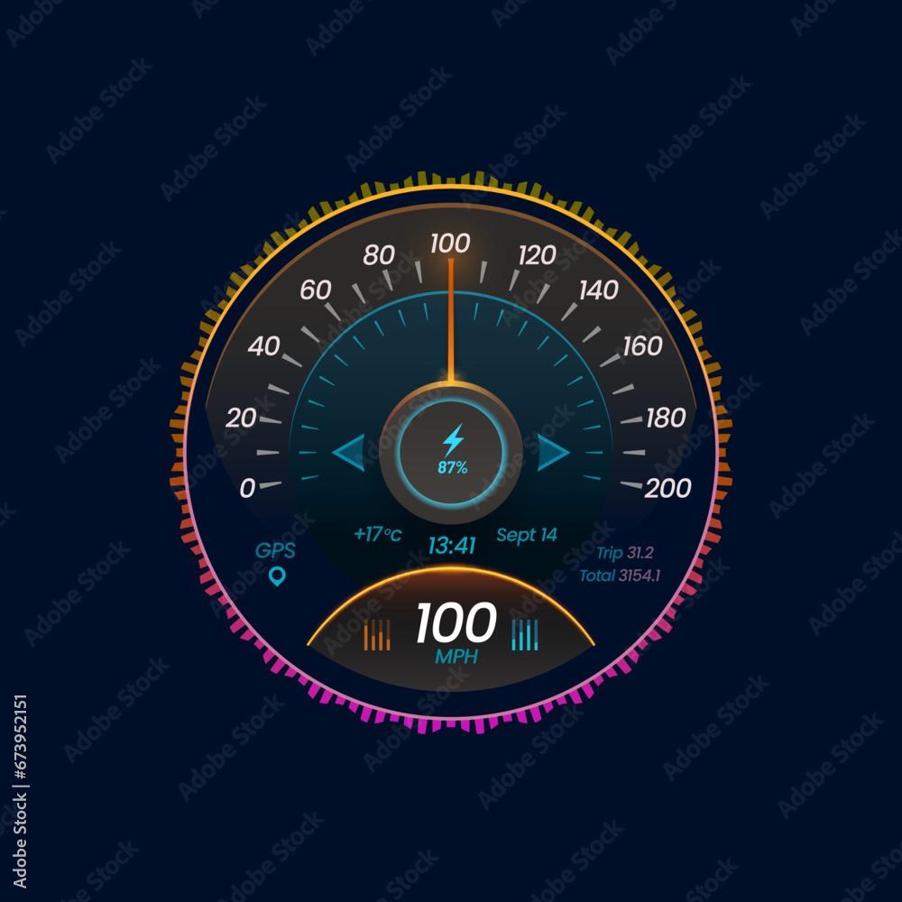 Aufkleber car speedometer dial, dashboard, counter interface. car speed meter glowing gauge panel, ev motorbik