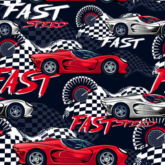 Abstract seamless cars pattern on grunge shape cracked background with shabby texture, arrow, dots,spray paint, ink. Childish style wheel auto repeated backdrop. Red automobile © Kseniia Koval