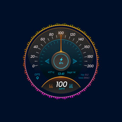 Car speedometer dial, dashboard, counter interface. Car speed meter glowing gauge panel, EV motorbike speedometer indicator or auto engine rev vector counter. Electric vehicle dashboard element