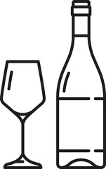 Bottle of white wine and glass isolated outline icon. Vector aged wine dry light alcohol drink in glass bottle. Winery product, thin line