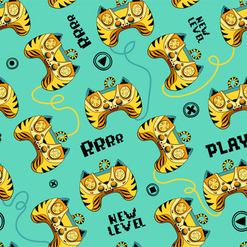 Tiger gamepad cartoon character seamless pattern on green background with digital sign, text Rrrrr, play, new level. Cartoon kids repeat print with gamepads. Wildlife robotically character