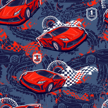 Abstract seamless cars pattern on grunge shape cracked background with shabby texture, arrow, dots,spray paint, ink. Childish style wheel auto repeated backdrop. Red automobile