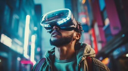 A man navigating a futuristic city with a wearable HUD