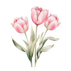 Watercolor drawing of a bouquet of delicate pink tulips, clipart on white background