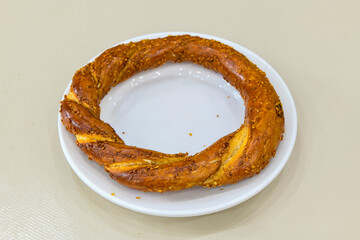 Turkish pastry product , tasty pogaca. Simit, gevrek. Turkish Pastries; peynirli, patatesli, kasarli pogaca, borek, acma, ay coregi at patisserie showcase.