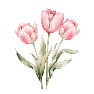 Watercolor drawing of a bouquet of delicate pink tulips, clipart on white background