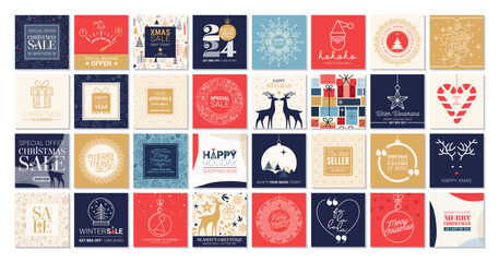 Christmas Greetings Social Media Layouts with Blue, Red, and Beige Accents - obrazy, fototapety, plakaty