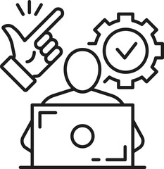 Easy of use, CMS content management system icon for digital media administration, vector line pictogram. CMS media content admin panel icon with user computer settings for content management