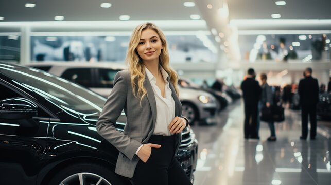 Portrait of happy pretty woman with new car. AI generated image