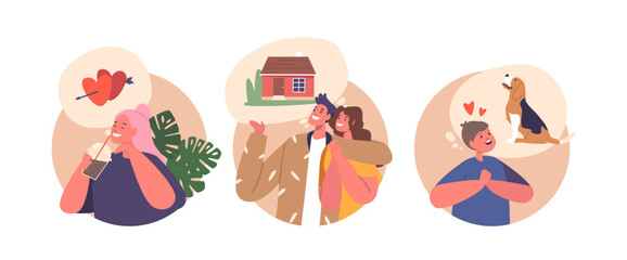 Isolated Round Icons Or Avatars Of Characters In Their Dreams, Envision A Life Filled With Love, Loyal Dog, And A House
