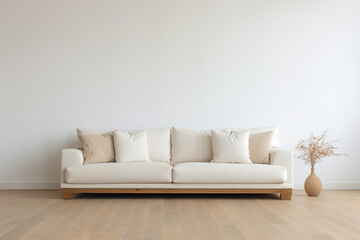 Elegant beige sofa with soft cushions and a textured vase with dried branches in a bright, neutral-toned living space. Empty wall. Copy space for your artwork, picture, poster