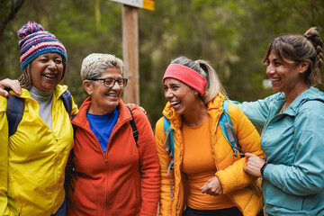 Multiracial women having fun together during trekking day in the forest - Female community and sport concept - obrazy, fototapety, plakaty