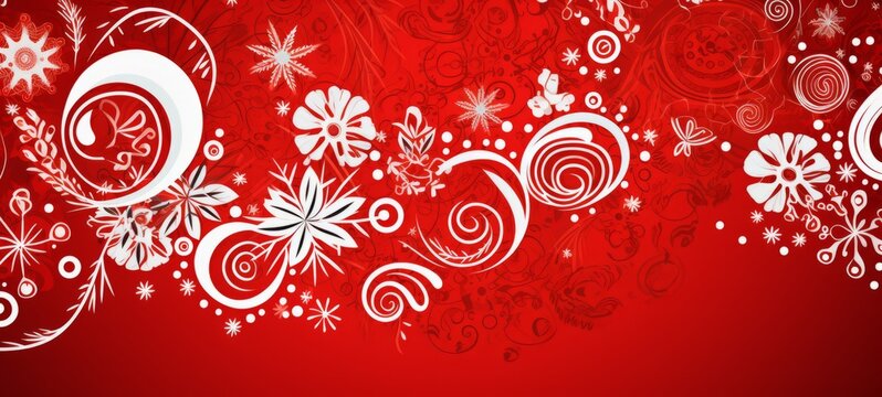 Christmas pattern. Christmas illustration in red and white colors. Horizontal format for banners, posters, advertising, gift cards. AI generated.