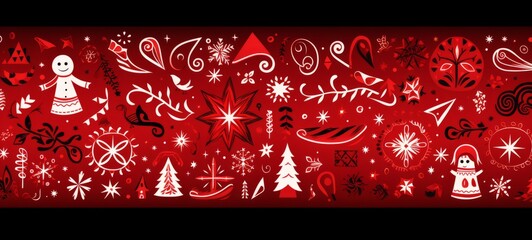 Christmas holidays pattern illustration in red colors. Christmas illustration banner. Horizontal format for banners, posters, advertising, gift cards. AI generated.