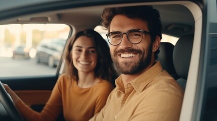 Side view portrait of happy young couple driving new car. AI generated image - obrazy, fototapety, plakaty