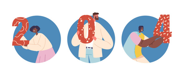 Fototapeta premium Isolated Round Icons or Avatars of Diverse Joyful Characters Holding Colorful Numbers 2024, Their Faces Filled With Hope