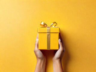 Yellow giftbox in hands - 673953756