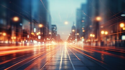 Fototapeta premium Rainy wet night in the big city, empty road with blur background. AI generated image