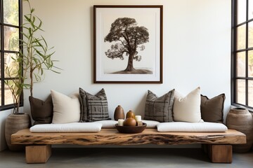 A rustic old wood log bench near a white wall with an art poster frame, part of the boho interior design of a modern living room in a farmhouse
