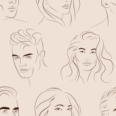 Vector seamless pattern with faces of young men and women. Hand drawn background with people