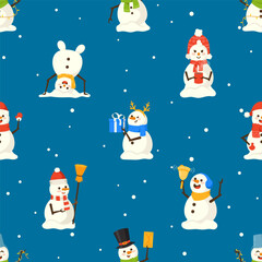 Seamless Pattern Featuring Adorable Christmas Snowmen Characters, Each With A Unique, Funny Expression, Tile Background
