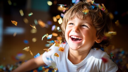 A joyful child playing in a pile of confetti