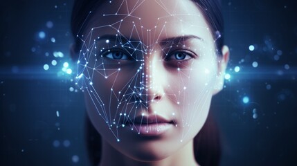 A person's face marked with facial recognition data points - obrazy, fototapety, plakaty
