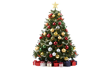 Amazing Unique Decorated Christmas Tree with Ornaments and Gifts Isolated on Transparent Background PNG.
