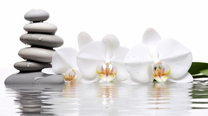 Fototapeta na wymiar Water drops, white background, white orchids, and spa stones