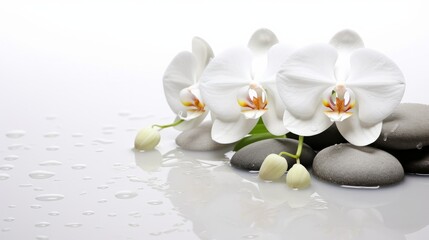 Fototapeta na wymiar Water drops, white background, white orchids, and spa stones