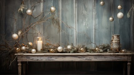 Ephemeral placement of spruce branches and antique baubles. Merry christmas card. 