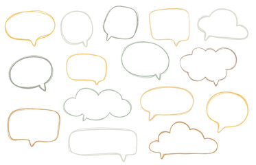 Set of colorful speech bubbles balloons, empty space for text,  textured sketch, warm neutral colors, png transparent background