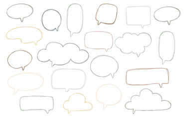 Set of colorful speech bubbles balloons, empty space for text,  textured sketch, cold neutral colors, png transparent background