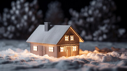 Makieta domku w śnieżnej scenerii, jasno oświetlony noc w tle. - obrazy, fototapety, plakaty