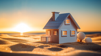 Makieta domku rodzinnego na plaży z zachodzącym słońcem w tle - obrazy, fototapety, plakaty