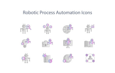 Modern outline RPA Robotic Process Automation technology icon set, Robotic Technology, Machine, Learning, AI vector icons concepts.