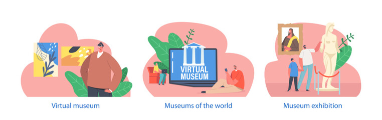 Isolated Elements with Visitors Explore Virtual Museum, Interacting With Digital Art And Exhibits, Wearing Vr Headset