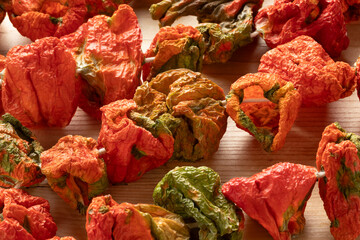 Chain of Turkish sun dried red and green peppers, Biber Kurusu,  close up 