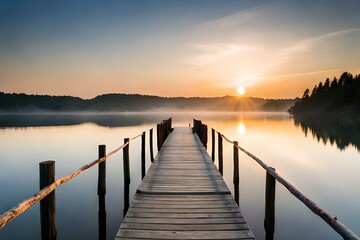 A serene and tranquil scene unfolds on a brown wooden dock in front of a body of water - AI Generative