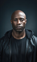 Obraz premium In a studio setting, a solemn man is depicted. A young model of a specific ethnicity stands against a gray backdrop